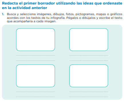 Escribimos una infografía sobre la democracia, Después de haber realizado todas las actividades, estás preparada o preparado para expresar lo comprendido y analizado a través de una infografía en la que podrás transmitir tus ideas sobre los jóvenes y la democracia en el Perú. Ordena las ideas que quieres desarrollar al elaborar tu infografía. Completa el esquema respondiendo las siguientes preguntas: ¿Sobre qué tratará mi infografía?, ¿Qué información debo recopilar?, ¿Qué título le pondré?, ¿A quiénes está dirigida? Redacta el primer borrador utilizando las ideas que ordenaste en la actividad anterior Busca y selecciona imágenes, dibujos, fotos, pictogramas, mapas o gráficos acordes con los textos de tu infografía. Pégalos o dibújalos y escribe el texto que acompañaría a cada imagen. Ahora, con la ayuda del siguiente esquema, organiza la información que te servirá para elaborar tu infografía. A continuación, elabora tu primera versión de la infografía. Para ello, puedes usar tu cuaderno o un soporte digital que esté a tu alcance, libro de comunicación 5to de secundaria texto escolar resuelto, fichas resueltas de comunicación quinto de secundaria