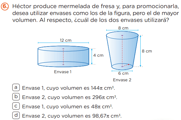 Héctor produce mermelada de fresa, desea utilizar envases como los de la figura, pero el de mayor volumen, ¿cuál de los dos envases utilizará?